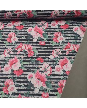 Softshell audums ZIEDI uz melnu/gaiši pelēku svītru fona, 300 g/m2 (klasiskais - ar flīsi kreisajā pusē)