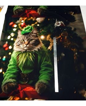 Kokvilnas cilpiņtrikotāžas panelis (85X180cm) KAĶIS ZIEMASSVĒTKU noskaņā