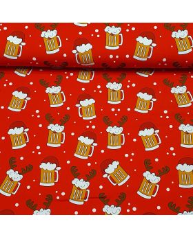 Viegli siltināta kokvilnas cilpiņtrikotāža ZIEMASSVĒTKU NOSKAŅA AR ALUS KAUSIEM uz sarkana