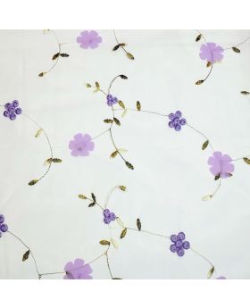 Embroidered tulle purple FLOWERS pattern on white tulle (weight 70 g/m2, width 150cm, composition 100%PL)