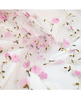 Embroidered tulle pink FLOWERS pattern on white tulle (weight 70 g/m2, width 150cm, composition 100%PL)