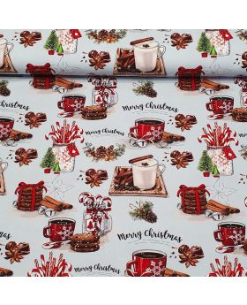 Kokvilnas cilpiņtrikotāža ZIEMASSVĒTKU NOSKAŅA uz maiga pelēcīgi zaļgan zila fona